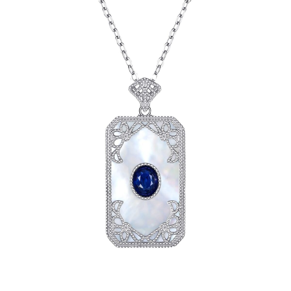 Natural Mother Shell Pendant 925 Silver Inlaid Sapphire Necklace - Image 3