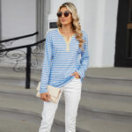 Women's V-neck Striped Loose Long-sleeved T-shirt Top - Image 2