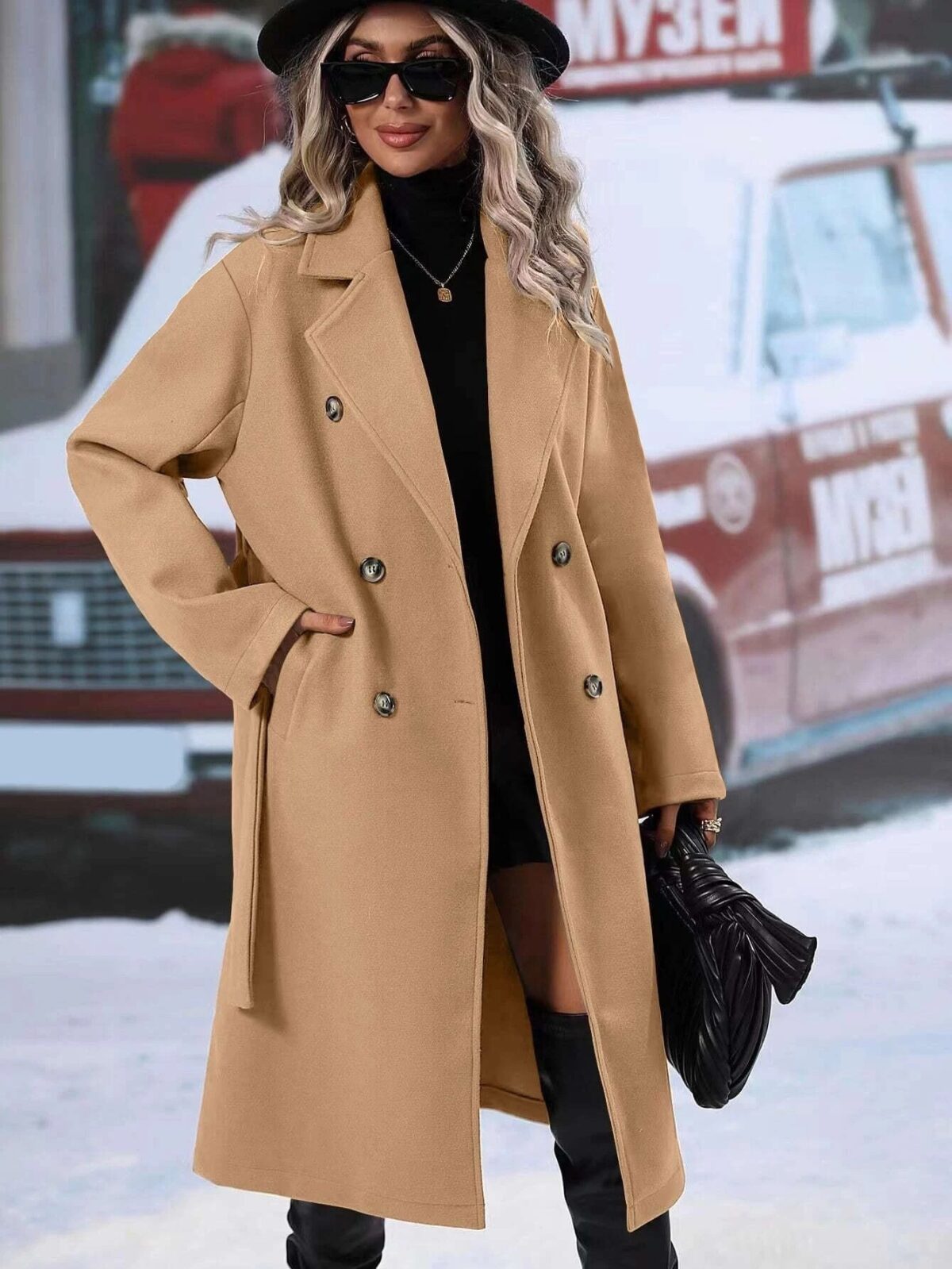Autumn And Winter Solid Color Double Breasted Lace-up Woolen Coat - Image 6