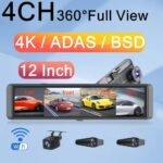 360-degree 4K Blind Zone Warning 12-inch Full Screen 4-recording Streaming Rearview Mirror