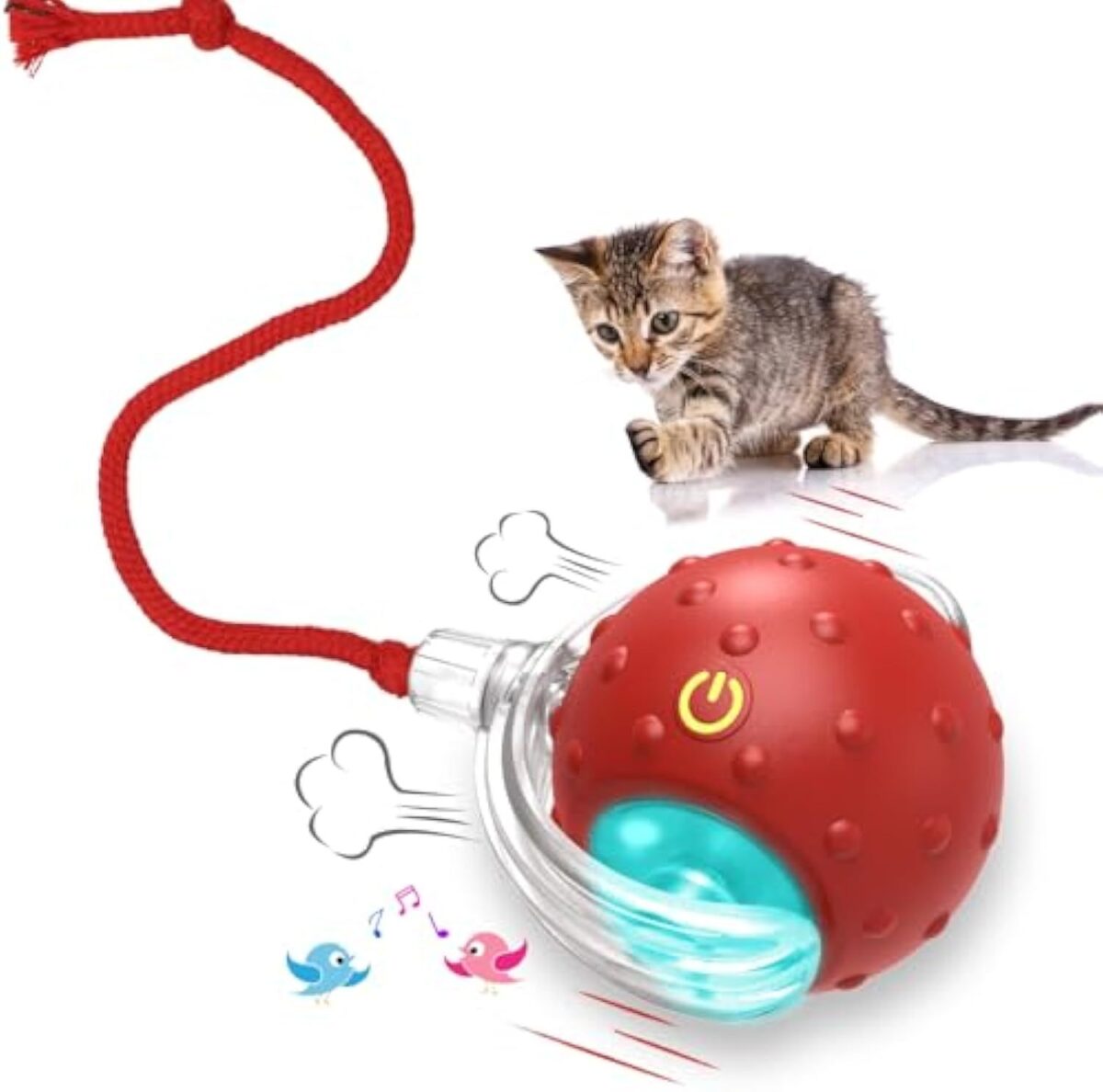 Cat Toys Interactive With Motion Activated And Chirping Rolling Super Fast On Carpet Happy Party Game With Kittens - Red - Image 1