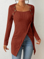 Square Collar Irregular Knitted Top With Button Design Fashion Solid Long-sleeved Long Top For Women Clothing - Image 8
