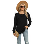 Solid Color U-neck Pleated Long-sleeved T-shirt Top For Women - Image 4