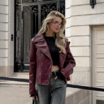 Wine Red Faux Leather Suit Collar Long Sleeve Jacket - Image 2
