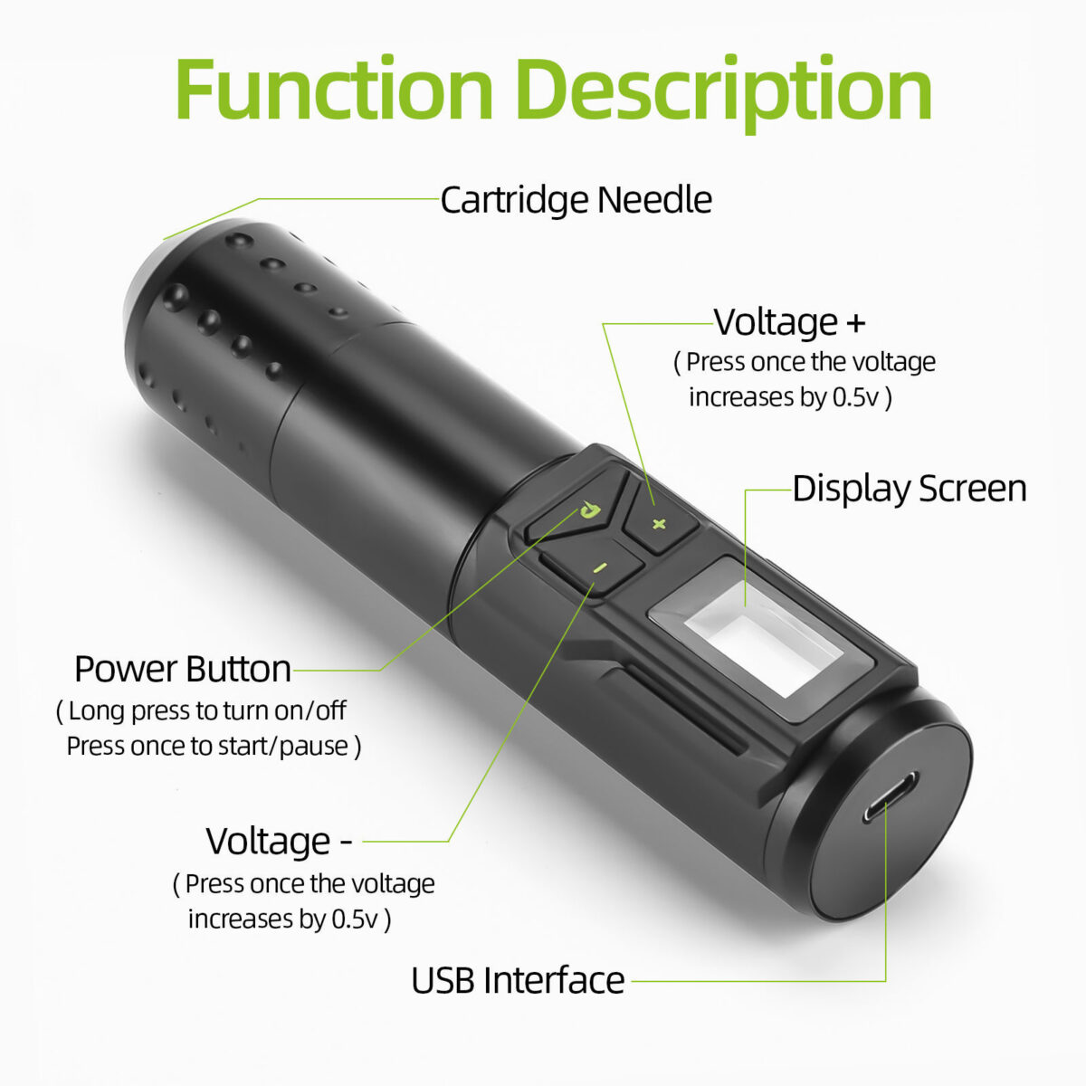Black Poor Qi Adjustable Radio Source Long Pen Motor Tattoo Machine Mini Tattoo Pen With USB Charging Cable - Image 3
