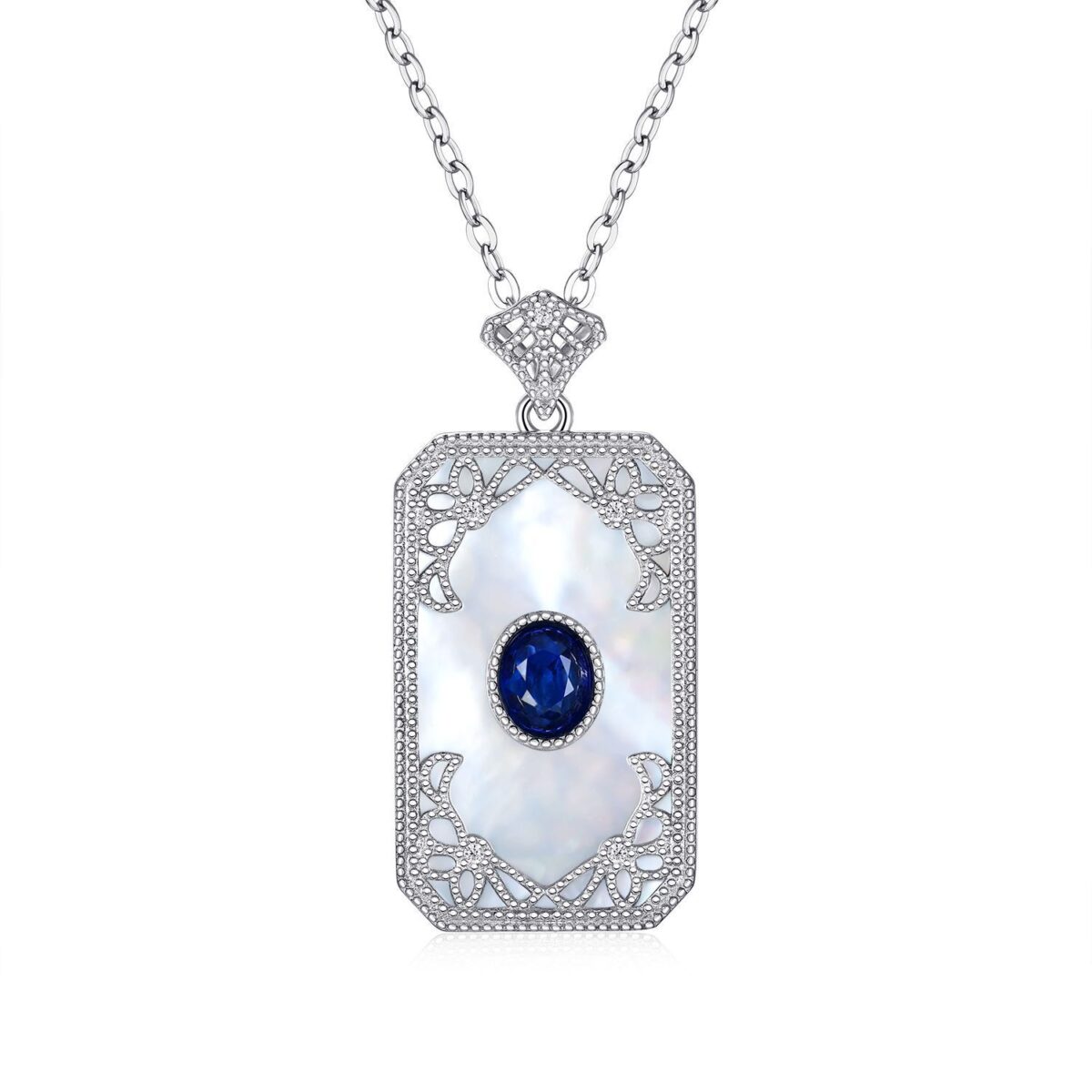 Natural Mother Shell Pendant 925 Silver Inlaid Sapphire Necklace - Image 4