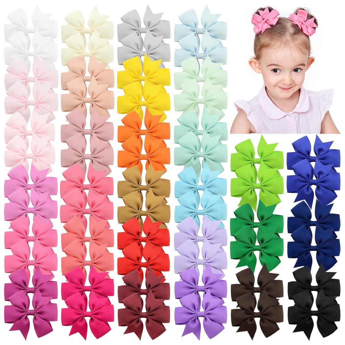 20 60pcs 3 Inches Boutique Grosgrain Ribbon Pinwheel Hair Bows For Baby Girls, Toddler Bows Hair Clip Birthday Gifts In Pair - Image 1