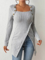 Square Collar Irregular Knitted Top With Button Design Fashion Solid Long-sleeved Long Top For Women Clothing - Image 5