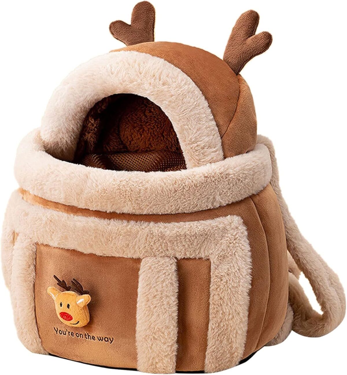 Carrier Bag Backpack Carrier Dog Travel Bag Pet Winter Outdoor Carriers Plush Reindeer Bag With Hand Warmers - Image 1