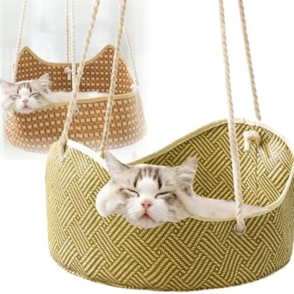 Breathable Cat Hammock - Rattan Crafted Cat Cage With Metal Hooks - Indoor Outdoor Pet Bed- Comfortable Cat Perch For Sleeping Playing Climbing, And Lounging