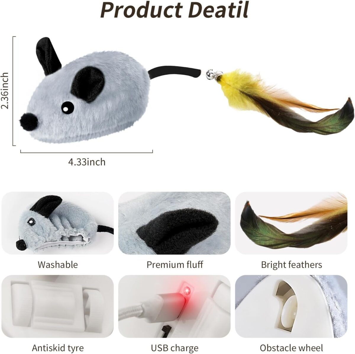 Interactive Cat Toys Mouse For Indoor Cats Rechargeable LED Cat Mouse Toy Feather Bell Tail Lifelike Electric Automatic Moving Mouse Cat Toy For All Breeds Cat Boredom Exercise - Image 2