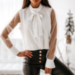 Mesh Stitching Button Bowknot Shirt - Image 2