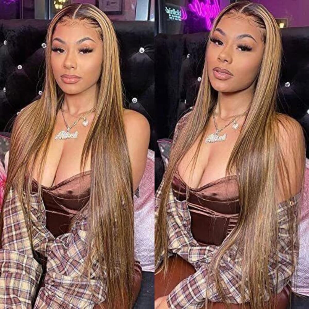 Real Human Hair Female Long Straight Hair Front Lace Wig Head Cover - Image 4