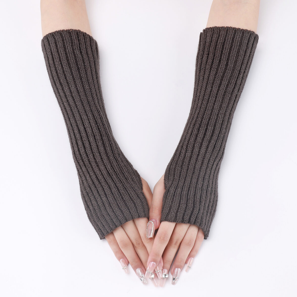 30-length Striped Gloves New Autumn And Winter Wool Sleeve Knitted Warm Fingerless Oversleeve - Image 8