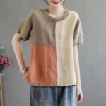 Cotton Linen Contrast Color T-shirt Artistic Design Half Sleeve Women - Image 6