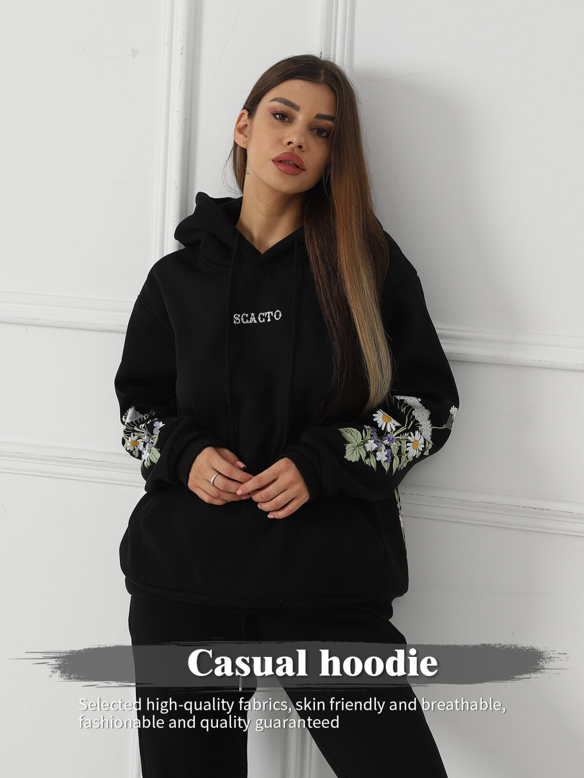 Women's Solid Color Floral Long Sleeved Sweatshirt - Image 1