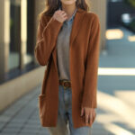 New Polo Collar Solid Color Long-sleeved Knitted Cardigan Loose Pockets Sweater Coat For Women - Image 2