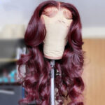 New Hot-selling Front Lace Synthetic Wigs Medium Points Wine Red Long Curly Hair - Image 5