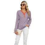 Women's V-neck Striped Loose Long-sleeved T-shirt Top - Image 3