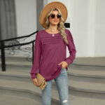 Solid Color U-neck Pleated Long-sleeved T-shirt Top For Women - Image 2