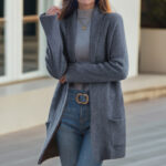 New Polo Collar Solid Color Long-sleeved Knitted Cardigan Loose Pockets Sweater Coat For Women - Image 3