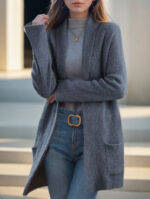 New Polo Collar Solid Color Long-sleeved Knitted Cardigan Loose Pockets Sweater Coat For Women - Image 8