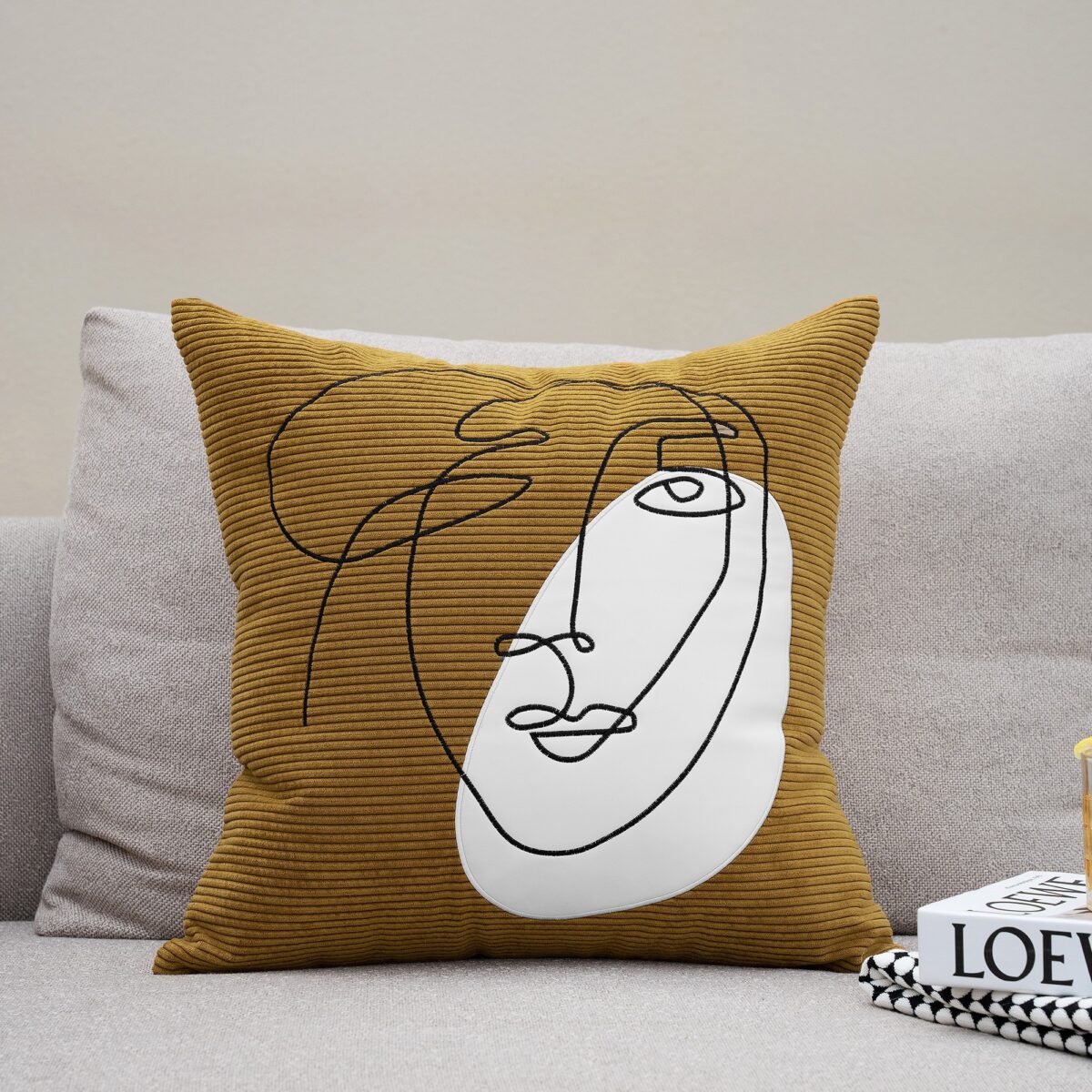 Nordic Modern Corduroy Embroidered Throw Pillow - Image 1