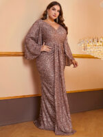 Women's Sequin Long Sleeved V-neck Pleated Dress - Image 5