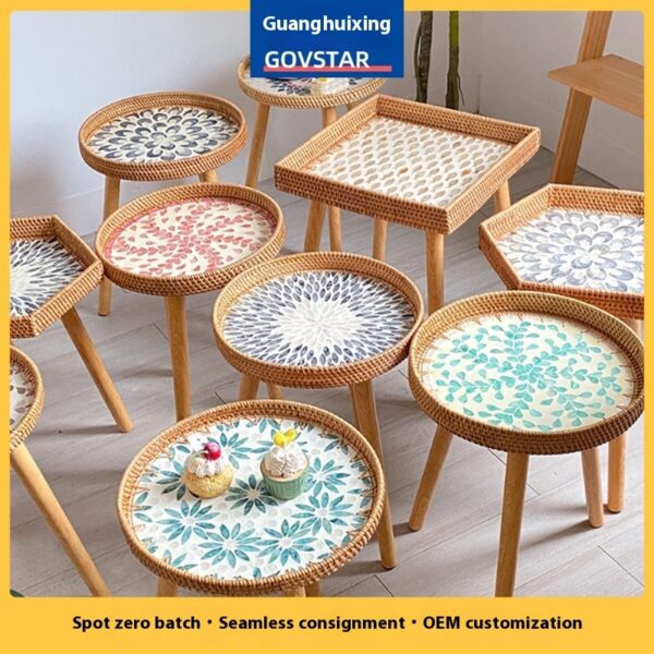 Hand-woven Shell Storage Tray Sofa Side Table