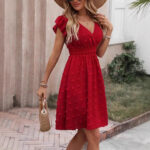 Jacquard Big Fur Ball Elastic Waist Ruffle Sleeve Short Sleeve V-neck Dress - Image 3