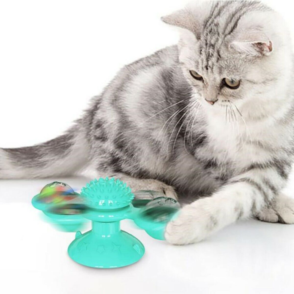 New Windmill Cat Toys Cute Rotating Interactive Cat Toy - Indoor Windmill Cat Toy With Suction Cup Catnip & Jagged Teeth Middle Ball, Smart Kitten Rotating Spinner Exercise Toy, Toothbrush & Massager - Image 1