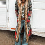Fur Collar Long Sleeve Floral Print Trench Coat - Image 7