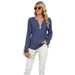 Women's V-neck Striped Loose Long-sleeved T-shirt Top - Image 7