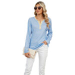 Women's V-neck Striped Loose Long-sleeved T-shirt Top - Image 8