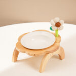 Cat Food Bowl With Wood Holder Stand Flower Shaped Ceramic Food Dish Water Bowl Cat Feeding Drinking Plates Multi Color - Image 5