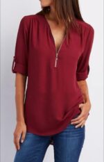 Ruched Half Zip Solid V Neck Casual Blouse, Rollable Sleeve Women's Clothing - Image 3