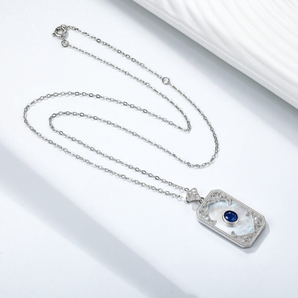 Natural Mother Shell Pendant 925 Silver Inlaid Sapphire Necklace - Image 2