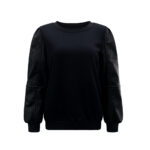PU Leather Stitching Long Sleeve Round Neck Solid Color Fashion Top - Image 4