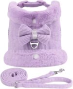Cute Warm Small Dog Harness And Leash Set With Bow Tie, Soft Padded Puppy Harness With Removable Fur Collar, Adjustable Girl Dog Harness With Quick Release Buckles