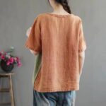 Cotton Linen Contrast Color T-shirt Artistic Design Half Sleeve Women - Image 3