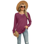 Solid Color U-neck Pleated Long-sleeved T-shirt Top For Women - Image 3