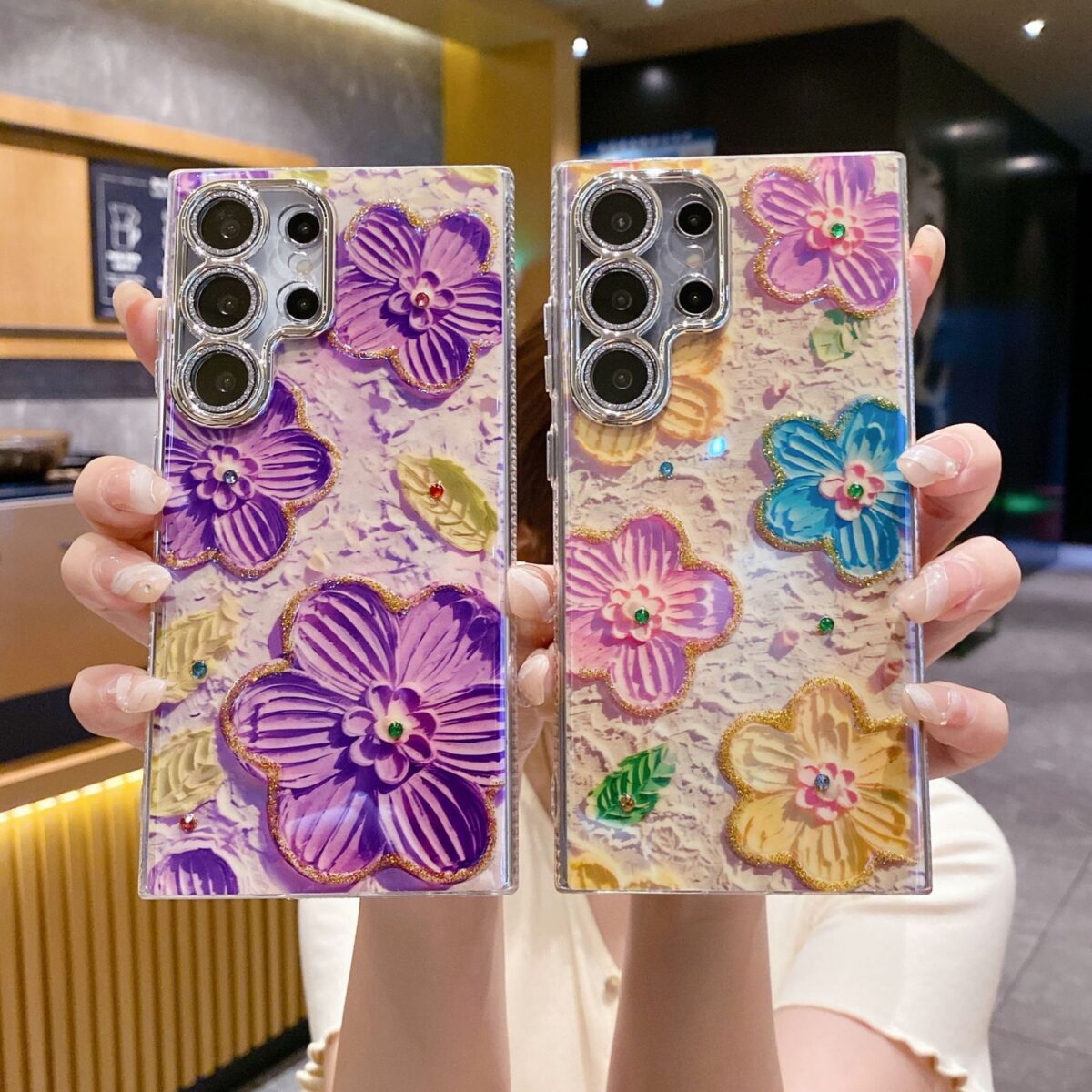 Luxury Rhinestone Oil Painting Flower Phone Case Lens Fine Hole All Inclusive - Image 3