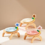 Cat Food Bowl With Wood Holder Stand Flower Shaped Ceramic Food Dish Water Bowl Cat Feeding Drinking Plates Multi Color - Image 9