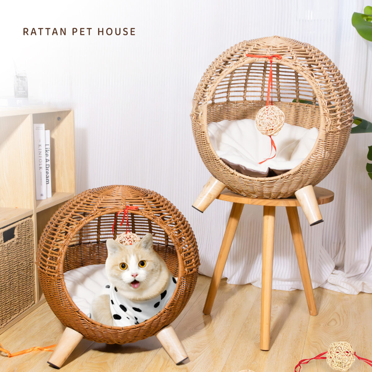 Breathable Rattan Woven Round Cat Bed PE Rattan Cat Climbing Frame Sleep Game Warm Pet Litter Cat Villa - Image 7