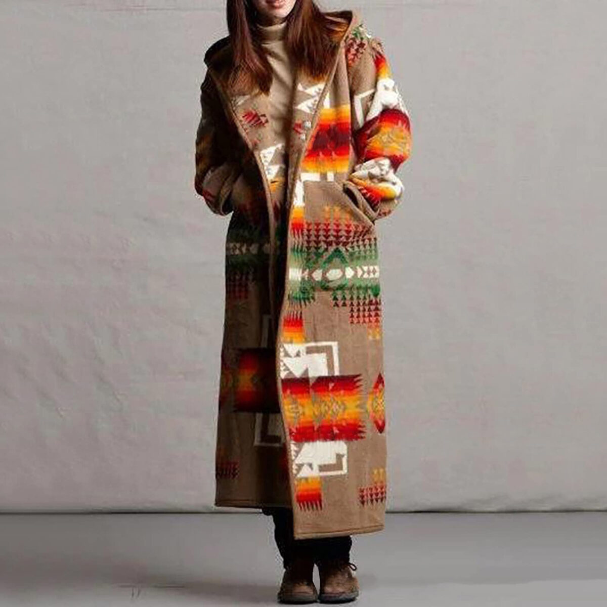 Women's Printing Pocket Long Sleeve Large Coat - Image 8