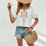 White V-neck Flowers Embroider Jacket Women - Image 3