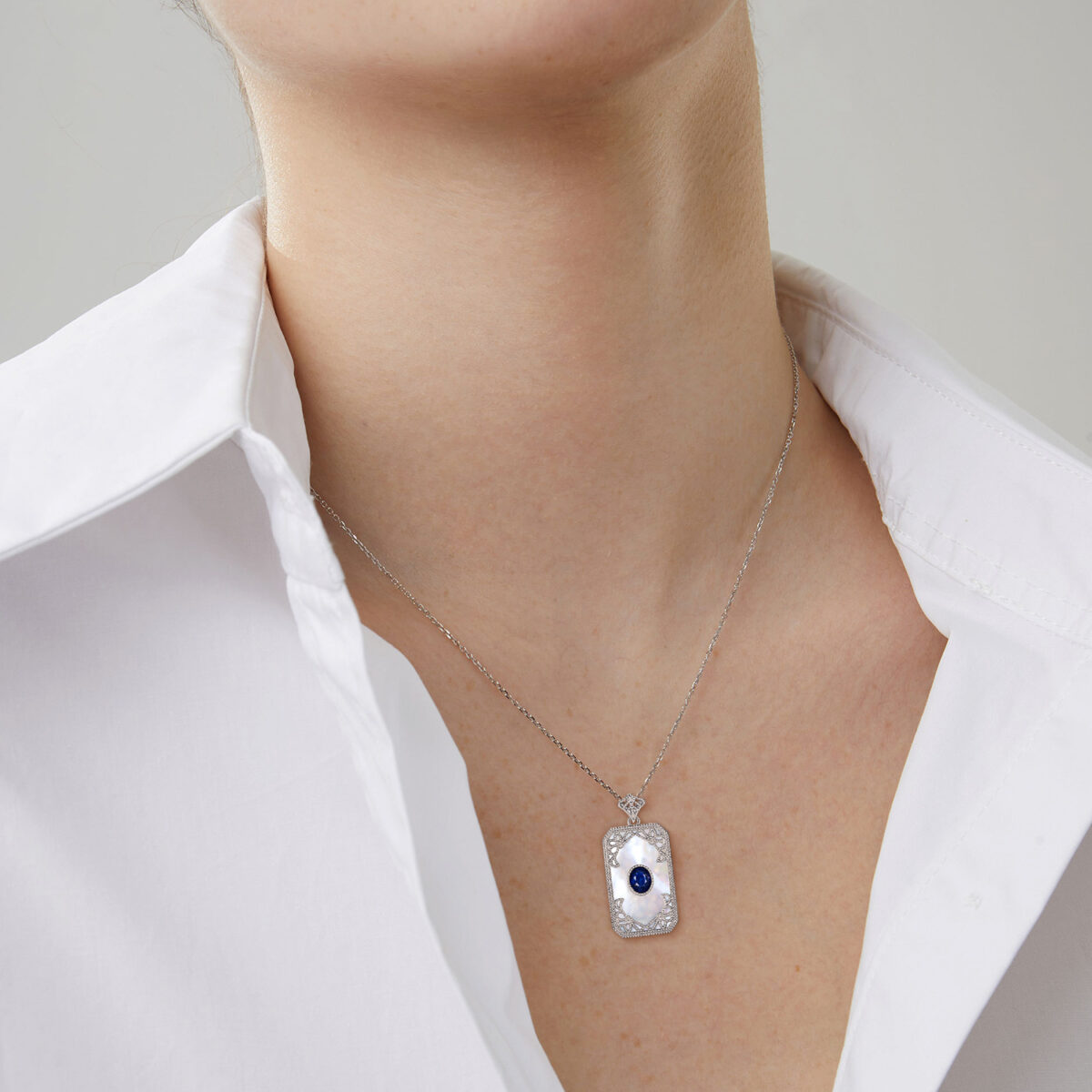Natural Mother Shell Pendant 925 Silver Inlaid Sapphire Necklace - Image 1