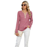 Women's V-neck Striped Loose Long-sleeved T-shirt Top - Image 4