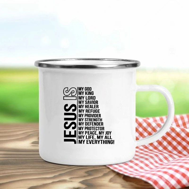 Jesus Is God Print Enamel Mugs Christian Creative Coffee Cups Drink Dessert Breakfast Milk Cup Vintage Mug Handle Drinkware Gift - Image 4
