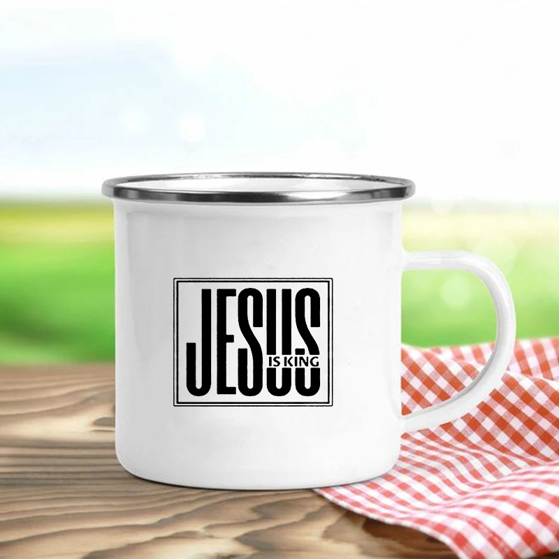 Jesus Is God Print Enamel Mugs Christian Creative Coffee Cups Drink Dessert Breakfast Milk Cup Vintage Mug Handle Drinkware Gift - Image 2